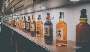 brown glass bottles on shelf