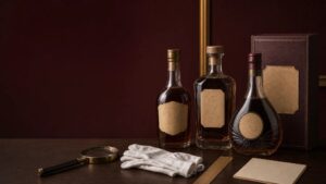 老酒估價桌面上的無品牌陳年酒瓶、放大鏡、白手套與外盒