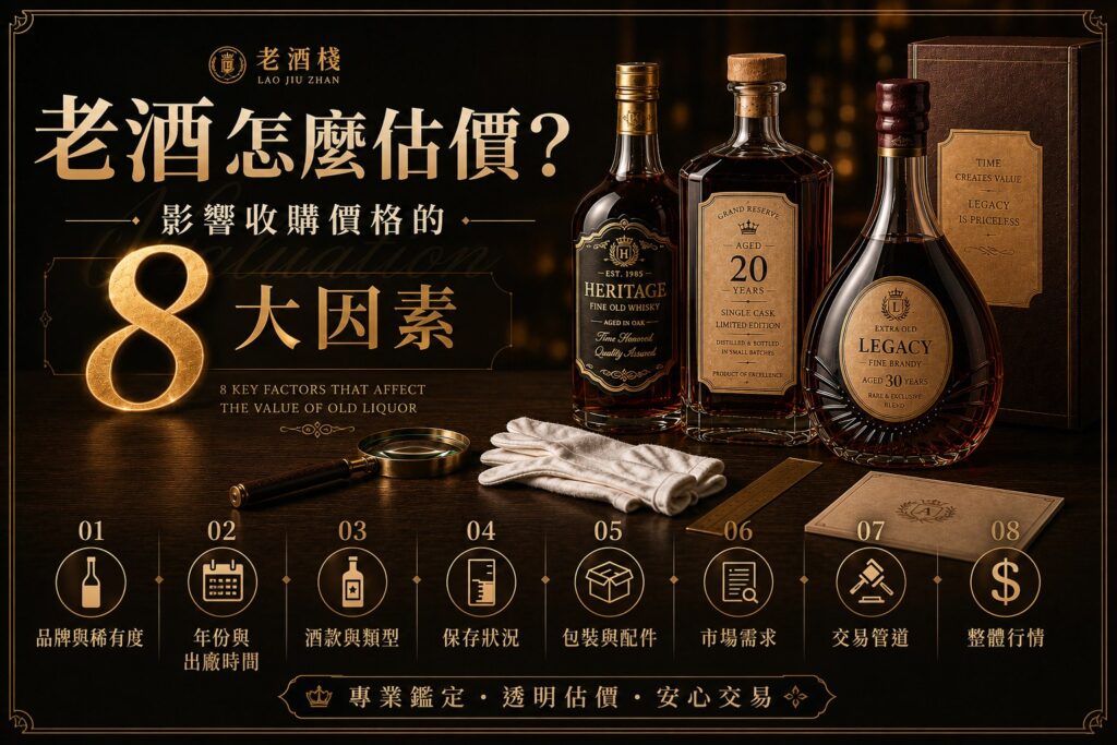 老酒棧老酒估價八大因素資訊圖，展示品牌、年份、酒款、保存、包裝、市場、交易與行情