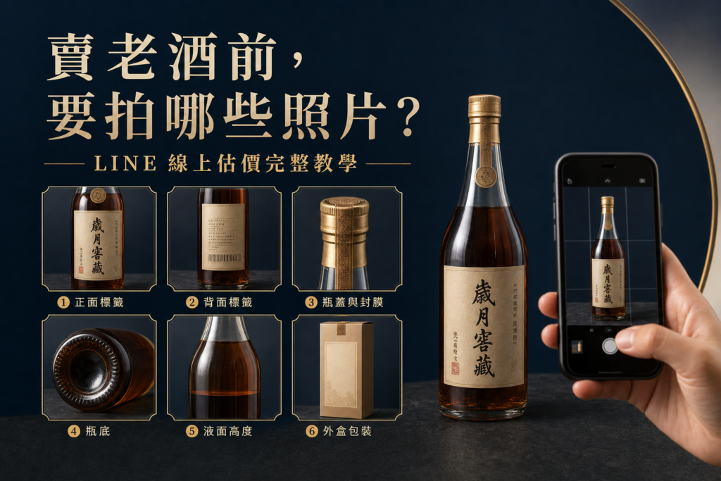 手機拍攝老酒正面、背標、瓶蓋、瓶底、水位與外盒，準備 LINE 線上估價