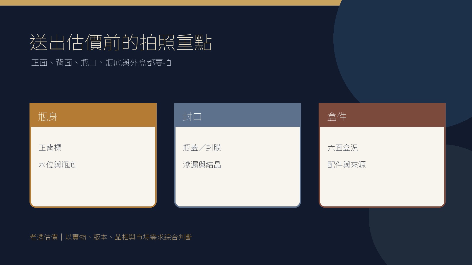 老酒送估前拍攝瓶身、封口、水位與外盒的照片清單